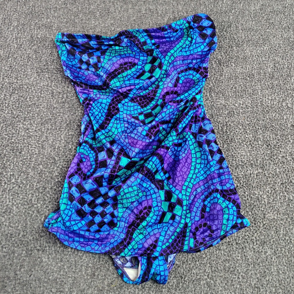 Jantzen Swimsuit Women 10 Purple Mosaic Strapless Bandeau One Piece Vintage